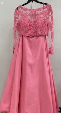 Mori Lee Madeline Gardner Pink Beaded Tulle Dress Gown Modest MOB Large 14